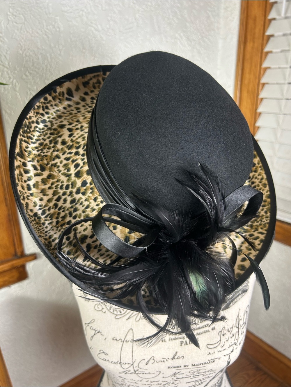 Fine Millinery Collection By August Accessories Leopard Print Feathers Black Hat